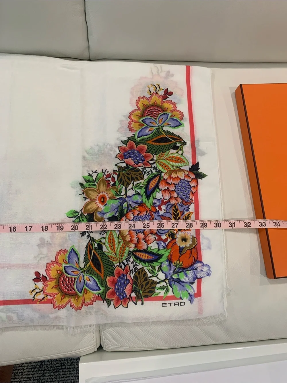 ETROFloral Border White Scarf with Multicolor Bouquet. Worn once. 30”x78” SILK